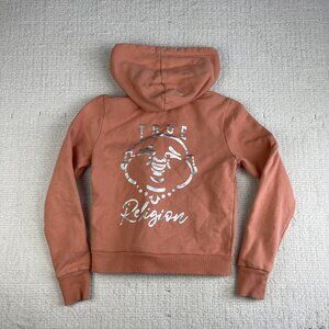 True religion Womens Sz XS Foil Silver Logo Buddha Full Zip Hoodie Pink